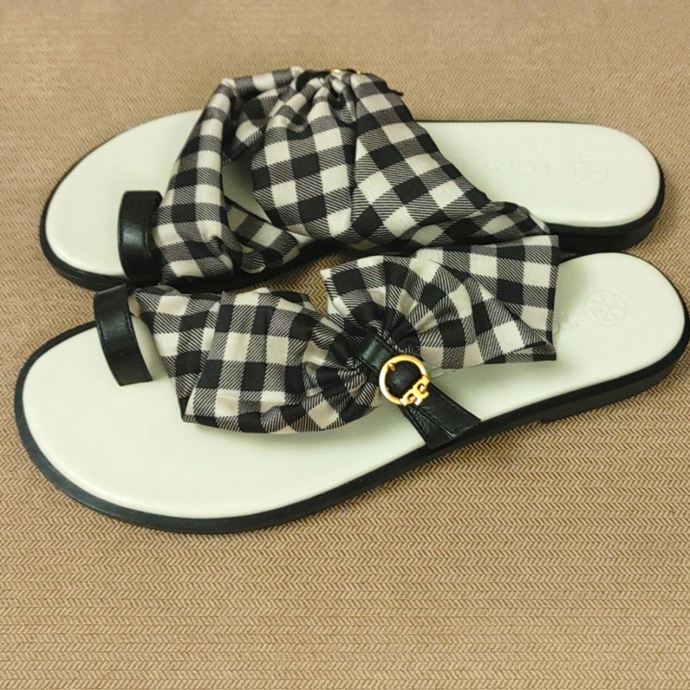 Tory Burch Women's Selby Scarf Sandals Gingham -Black 6 1/2 (New Never W…
